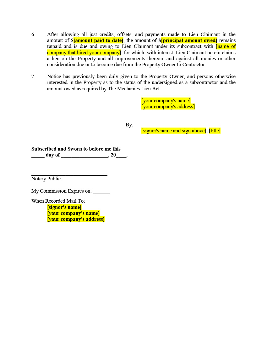 Click here to view a sample Mechanics Lien form for a fictitious st a ...